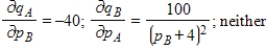 <strong>The demand functions for q<sub>A</sub> and q<sub>B</sub> units of two related products, A and B, are given by Where p<sub>A</sub> and p<sub>B</sub> are in dollars. Find the marginal demand of q<sub>A</sub> with respect to p<sub>B</sub> and the marginal demand of q<sub>B</sub> with respect to p<sub>A</sub>. Are the two goods competitive or complementary? </strong> A) B) C) D) E)