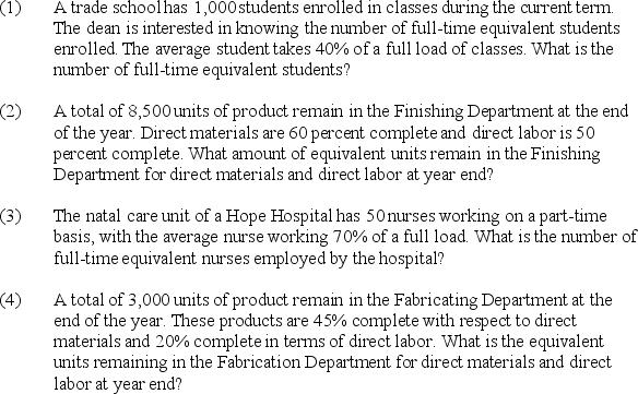 Calculate the number of equivalent units for each of the following independent cases.