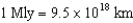 Assuming the Hubble constant is equal to 22 km/s/Mly,estimate the age of the universe (or Hubble time).Note that and .