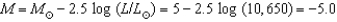 The Cepheid's luminosity is   ,and its absolute magnitude is   . Absolute magnitude M,apparent magnitude m,and distance d are related by the equations   and   pc. Thus the distance of the Cepheid is   .