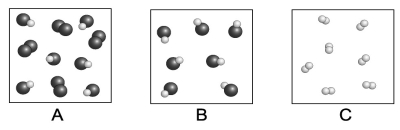 <strong>Each circle represents an atom. Which of the following boxes contains an element? A compound? A mixture? </strong> A)element: A, C; compound: A, B, C; mixture: A, B B)element: C; compound: A, B; mixture: B C)element: A, C; compound: A, B; mixture: A D)element: A, C; compound: A, B; mixture: A, B