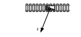 <strong>Figure V-5 A small railroad car is pulled by a rope as shown in the sketch (top view). The force F that the rope exerts on the car has a component along the track and another component perpendicular to the track. Judging from the diagram, the larger of these two components would be</strong> A)along the track. B)perpendicular to the track. These components will be equal if C)the rope makes an angle of 45° with the track. D)the rope is pulled in a direction along the track, rather than at an angle to it. E)they form an action-reaction pair on the car. F)but they can never really be equal.