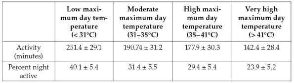 <strong>Refer to the table below containing field research data collected about a species of desert woodrat.Activity levels of the rats were monitored at all times,and maximum daytime temperatures were recorded.Based on these data,which statement could the researchers propose as a hypothesis about water conservation in this species? </strong> A) Desert woodrats do not restrict their physical activity as a means for conserving water. B) Desert woodrats restrict their physical activity as a means for conserving water only during the day. C) Desert woodrats restrict their physical activity as a means for conserving water only during the night. D) Desert woodrats restrict their physical activity during both day and night as a means for conserving water. E) Desert woodrats restrict their physical activity during the day as a means for conserving water and restrict their activity at night only under the most severe conditions.