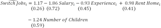 Suppose you are interested in explaining the probability of Switching Jobs in a sample of 32,517 men and women and that using the probit you obtain the following coefficient estimates (standard errors in parentheses) a)How should you interpret the estimated coefficient on Salary? Does this make economic sense? Explain. b)How should you interpret the estimated coefficient on Rent Home? Does this make economic sense? Explain. c)Do these estimates provide all of the information that you desire? If not,how can you obtain that information? Explain.