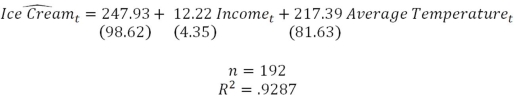 Suppose you are interested in explaining variation in monthly Ice Cream consumption (thousands of gallons)and that you estimate the regression function (standard errors in parentheses) a)How many years' worth of data do you have? How can you tell? Explain. b)Do you suspect that autocorrelation might be present in this model? If so,what type? Why? Explain. c)How would you use the Durbin-Watson test to determine whether autocorrelation is present? Explain.What type of autoregressive process does the Durbin-Watson test work for? d)Suppose you know that the autocorrelation follows an AR(1)process.How would you use the Cochrane-Orcutt method to correct for the autocorrelation? Explain. e)When using the Cochrane-Orcutt method,how many observations will you have in your final analysis? Why? Explain.
