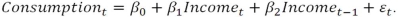 <strong>Suppose you wish to estimate the marginal effect that income has on consumption for in a time-series for a given country.The static time-series model would be specified as</strong> A) B) C) D)