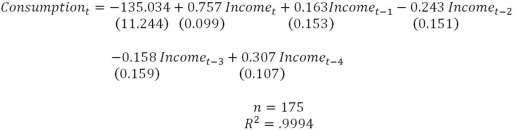 Suppose you estimate a distributed lag model of U.S.Personal Consumption Expenditures (billions)on U.S.Personal Income (billions)using quarterly data for the period 1969Q1-2013Q3 and you get a)What is this model called? Why would you estimate this type of function? b)Are the lags individually significant at the 5% level? c)What do your results in part b imply about your preferred model?