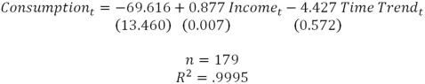 Suppose you include a time trend in your model of U.S.Personal Consumption Expenditures (billions)on U.S.Personal Income (billions)using quarterly data for the period 1969Q1-2013Q3 and you get a)Explain how to create the time trend variable. b)Interpret the time trend variable and comment if it is statistically significant. c)Explain how to detrend both the dependent and independent variable.