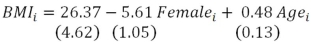 Suppose you are interested in explaining variation in Body Mass Index in a nationally-representative sample of 12,486 men and women and that you estimate the sample regression function (standard errors in parentheses) a)Which variable do you suspect could be responsible for heteroskedasticity in this model? Why? Explain. b)How would you use the Breusch-Pagan test to determine whether heteroskedasticity is present? Explain. c)How would you use Weighted Least Squares to account for heteroskedasticity if it is present? Explain.