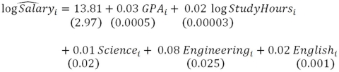 Suppose you are a potential college student that is interested in determining whether it is worthwhile to declare a certain major.In an effort to find the answer,you collect data on 1,247 college who majored in HUMANITIES,SCIENCE,ENGINEERING,or ENGLISH and you estimate the sample regression function (standard errors in parentheses) a)Do you think omitted variable bias is a potential problem in this case? Why? Explain. b)What is the problem associated with omitted variable bias? Explain. c)How might you control for the potential omitted variable bias in this case? Explain.