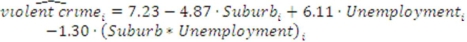 <strong>Suppose you estimate the sample regression function You should conclude that the marginal effect of unemployment on violent crime in suburbs is</strong> A)-4.87. B)6.11. C)-1.30. D)4.81.