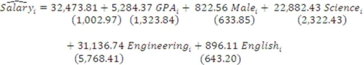 Suppose you are a potential college student that is interested in determining whether it is worthwhile to declare a certain major.In an effort to find the answer,you collect data on 1,247 college graduates who majored in HUMANITIES,SCIENCE,ENGINEERING,or ENGLISH and you estimate the sample regression function (standard errors in parentheses) a)How should you interpret the estimated coefficients for SCIENCE,ENGINEERING,and ENGLISH? Draw a graph and explain. b)How should you interpret the estimated coefficient for MALE? c)Are the variables statistical significant at a 5% level? d)Explain,in as much detail as possible,why the following model is not preferred to the original model.