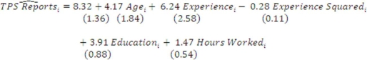 Suppose you are a human resources manager at a large corporation and that you are interested in determining whether a specific training program increases the worker productivity enough to justify its implementation.In an effort to test your theory,you collect data on 672 workers,284 who participated in the training program and 388 who did not,with the dependent variable being measured worker productivity and independent variables being AGE,EXPERIENCE,EXPERIENCE SQUARED,EDUCATION,HOURS WORKED,and whether the individual PARTICIPATED in the training program.Suppose that you estimate the sample regression function (standard errors in parentheses) a)Draw a graph with TPS Reports on the y-axis and EXPERIENCE in the x-axis assuming that experience goes from 0 to 22. b)What is the marginal effect of experience in general? What is the marginal effect of experience for an employee going from 2 to 3 years? How about the marginal effect going from 15 to 16 years? c)Where does experience reach a maximum?