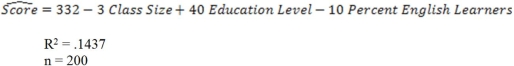 A researcher is interested in estimating how the test scores of elementary schools is related to average class size,parents education level (in years),and percent of English learners at the school.The researcher obtains a sample of 200 California public schools and obtains the following results a)Interpret the coefficient estimates.Are these results consistent with what you expected? b)Are there any omitted variables in this regression? If so,list them. c)Interpret the R-squared.Is the value of the R-squared high as you expected? d)Calculate the Adjusted R-squared and comment on what it means. e)Predict the test score for a school with average class sizes of 28,an education level of 14 years,and 3% English learners. f)Design an experiment to determine how class size affects test scores.How would the results from that experiment differ from the results presented above?