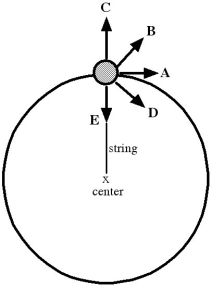 <strong> The figure shows a ball tied to a string and swung in a circle, clockwise. If the string suddenly breaks when the ball is in the position shown, which arrow best represents the initial direction of motion of the ball just after the string breaks?</strong> A) Arrow A. B) Arrow B. C) Arrow C. D) Arrow D. E) Arrow E.