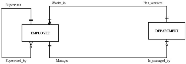 <strong>In the following diagram, which answer is true? </strong> A) Each employee can supervise one employee, no employees or many employees. B) Each employee can manage many departments. C) Each employee works in more than one department. D) Each employee was fired.