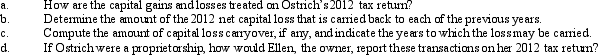 Ostrich, a C corporation, has a net short-term capital gain of $20,000 and a net long-term capital loss of $90,000 during 2012.Ostrich also has taxable income from other sources of $1 million.Prior years' transactions included the following: