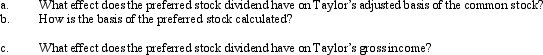 Taylor owns common stock in Taupe, Inc., with an adjusted basis of $100,000.She receives a preferred stock dividend which is nontaxable.  <div style=padding-top: 35px> 
