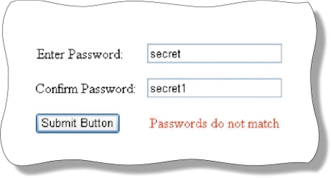 <strong>As shown in the accompanying figure,the ____ validation control can be used to ensure two passwords match. </strong> A) RequiredFieldValidator B) RegularExpressionValidator C) RangeValidator D) CompareValidator