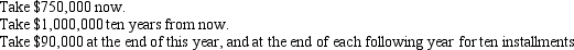 <strong>John Doe wins the lottery and may pick from the following three choices:   in total. Assume that John Doe uses a discount rate of 5% to evaluate his choices. If he selects the third option, how much is the present value of that alternative?  </strong> A)$814,000 B)$900,000 C)$694,980 D)$798,000 <div style=padding-top: 35px> 