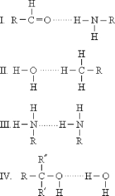<strong>Which is not a proper way to form a hydrogen bond? The symbol ʺRʺ represents a general organic group. The hydrogen bonding is represented by dashed lines.) </strong> A) I B) II C) III D) IV