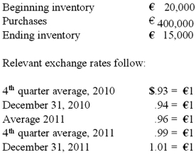 <strong>Esposito is an Italian subsidiary of a U.S. company. Esposito's ending inventory is valued at the average cost for the last quarter of the year. The following account balances are available for Esposito for 2011: Compute ending inventory for 2011 under the current rate method.</strong> A) $13,950. B) $14,100. C) $14,400. D) $14,850. E) $15,150.