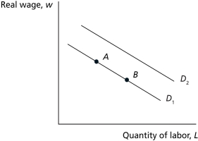 <strong>Figure 6.1 Refer to Figure 6.1.Holding other variables constant,a decrease in the capital stock will result in a</strong> A) shift from curve D₁ to curve D₂. B) shift from curve D₂ to curve D₁. C) movement from point A to point B. D) movement from point B to point A.