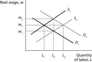 <strong>Figure 6.3 Refer to Figure 6.3.Holding other variables constant,if the economy is originally in equilibrium at the intersection of D₂ and S₂ and households increase their preference for leisure over labour,the economy would move to the new equilibrium point represented by</strong> A) w₁ and L₂. B) w₃ and L₂. C) w₂ and L₂. D) w₂ and L₁.