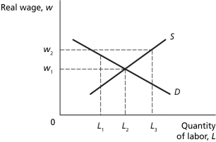 <strong>Figure 6.4 Refer to Figure 6.4.An efficiency wage in this economy would be represented by a real wage of ________ and an employment level of ________.</strong> A) w₁; L₁ B) w₁; L₂ C) w₂; L₁ D) w₂; L₃