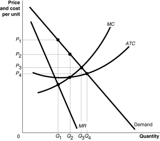 <strong>Figure 16.1 Refer to Figure 16.1.What is the price charged under perfect price discrimination?</strong> A)P₃ B)P₄ C)a range of prices corresponding to the demand curve from P₃ and above D)a range of prices corresponding to the demand curve from P₄ and above