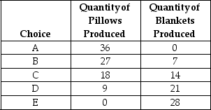 <strong>Table 2-2 Production choices for Billie's Bedroom Shop Refer to Table 2-2.Assume Billie's Bedroom Shop only produces pillows and blankets.A combination of 9 pillows and 14 blankets would appear</strong> A)along Billie's production possibility frontier. B)inside Billie's production possibility frontier. C)outside Billie's production possibility frontier. D)at the vertical intercept of Billie's production possibility frontier.