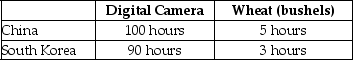Table 2-10 -Refer to Table 2-10.This table shows the number of labour hours required to produce a digital cameras and a bushel of wheat in China and South Korea. a.Which country has an absolute advantage in the production of digital cameras? b.Which country has an absolute advantage in the production of wheat? c.What is China's opportunity cost of producing one digital camera? d.What is South Korea's opportunity cost of producing one digital camera? e.What is China's opportunity cost of producing one pound of wheat? f.What is South Korea's opportunity cost of producing one pound of what? g.If each country specialises in the production of the product in which it has a comparative advantage,who should produce digital cameras? h.If each country specialises in the production of the product in which it has a comparative advantage,who should produce wheat?