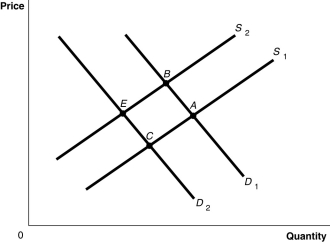 Figure 3-8 -Refer to Figure 3-8.The graph in this figure illustrates an initial competitive equilibrium in the market for apples at the intersection of D<sub>1 </sub>and S<sub>1</sub> (point A).If there is an increase in the wages of apple workers and an increase in the price of oranges,a substitute for apples,the equilibrium could move to which point?