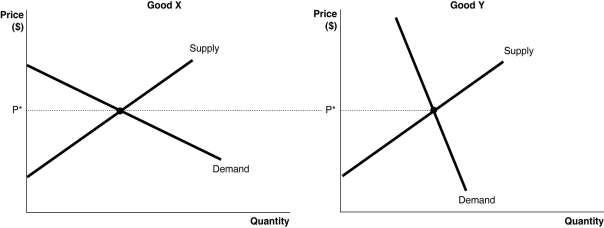 Figure 5-10 -Refer to Figure 5-10.The figure above illustrates the markets for two goods,Good X and Good Y.Suppose an identical dollar tax is imposed in each market. a.Compare the consumer burden and producer burden in each market.Illustrate your answer graphically. b.If the goal of the government is to raise revenue with minimum impact to quantity consumed,in which market should the tax be imposed? c.If the goal of the government is to discourage consumption,in which market should the tax be imposed?
