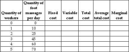 Table 7-6 -Refer to Table 7-6.Alicia Gregory owns a foot massage business.She leases 4 computer-controlled massage booths,for which she pays $125 per day.She cannot increase the number machines she leases without giving the manufacturer 3 months notice.She can hire as many workers as she wants at a cost of $75 per day per worker.These are the only two inputs she uses in her business.Use this information to fill in the columns in the above table.