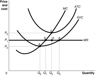 Figure 8-11 -Refer to Figure 8-11.Suppose the prevailing price is P<sub>1</sub> and the firm is currently producing its loss-minimising quantity.If the firm represented in the diagram continues to stay in business,in the long-run equilibrium