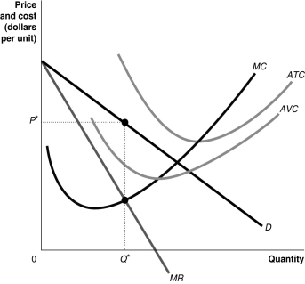 Figure 9-5 -Refer to Figure 9-5.If the monopolist charges price P* for output Q*,in order to maximise profit or minimise loss in the short run,it should