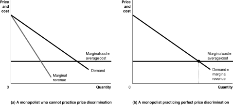 Figure 9-16 -Refer to Figure 9-16.Graph (a)represents a monopolist who cannot price discriminate and graph (b)represents a monopolist practicing perfect price discrimination.On each graph,identify the monopoly price,the monopoly output,the efficient output,and the areas representing profit,consumer surplus,and deadweight loss.