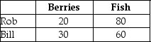 <strong>Table 9-4 Rob Crusoe and Bill Friday spent their week-long vacation on a desert island where they had to find and make their own food. Rob and Bill spent one day each fishing and picking berries. The table lists the pounds of output Rob and Bill produced. Refer to Table 9-4. Use the table above to select the statement that accurately interprets the data in the table.</strong> A) Bill has a greater opportunity cost than Rob for picking berries. B) Bill's opportunity cost for catching fish is less than Rob's. C) Rob has a greater opportunity cost than Bill for picking berries. D) Bill's opportunity cost for picking berries and catching fish are both greater than Rob's.