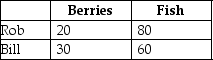 <strong>Table 7-1 Rob Crusoe and Bill Friday spent their week-long vacation on a desert island where they had to find and make their own food.Rob and Bill spent one day each fishing and picking berries.The table lists the pounds of output Rob and Bill produced. Refer to Table 7-1.Use the table above to select the statement that accurately interprets the data in the table.</strong> A)Rob has an absolute advantage in picking berries and Bill has an absolute advantage in catching fish. B)Bill has an absolute advantage in picking berries and Rob has an absolute advantage in catching fish. C)Bill has an absolute advantage in picking berries and catching fish. D)Rob has an absolute advantage in picking berries and catching fish.