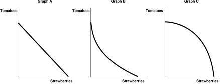 <strong>Figure 2-3 Refer to Figure 2-3.Carlos Vanya grows tomatoes and strawberries on his land.A portion of his land is more suitable for growing tomatoes and the other portion is better suited for strawberry cultivation.Which of the graphs in Figure 2-3 represent his production possibilities frontier?</strong> A)Graph A B)Graph B C)Graph C D)either Graph A or Graph B E)either Graph B or Graph C