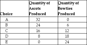 <strong>Table 2-2 Production choices for Nadia's Neckware Refer to Table 2-2.Assume Nadia's Neckware only produces ascots and bowties.A combination of 16 ascots and 6 bowties would appear</strong> A)along Nadia's production possibilities frontier. B)inside Nadia's production possibilities frontier. C)outside Nadia's production possibilities frontier. D)at the horizontal intercept of Nadia's production possibilities frontier.
