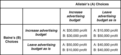 Table 14-4 Alistair Luggage and Baine Baggage are the only firms selling luggage in the upscale town of Montecito.Each firm must decide on whether to increase its advertising budget to compete for customers.If one firm increases its advertising budget but the other does not, then the firm with the higher advertising budget will increase its profit.Table 14-4 shows the payoff matrix for this advertising game. -Refer to Table 14-4.Does Baine have a dominant strategy and if so, what is it?