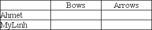 Table 9-5   Table 9-5 shows the output per week for bows and arrows by Ahmet and MyLinh. Refer to Table 9-5.Fill in the following table with the opportunity costs of producing bows and arrows for Ahmet and MyLinh.  <div style=padding-top: 35px> 