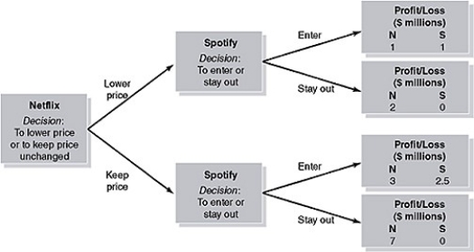 Figure 14-5 Netflix (N)was one of the first companies to offer streaming video services and is still considered a leader in the industry. Spotify (S)offers a music streaming service and in 2015 considered entering the video streaming business. At that point, Netflix had to decide whether or not to lower its subscription price in order to deter Spotify's entry into the market. Figure 14-5 shows a hypothetical decision tree for the Netflix-Spotify entry game. -Refer to Figure 14-5.If Netflix lowers its price, will this deter Spotify from setting up a streaming video service?