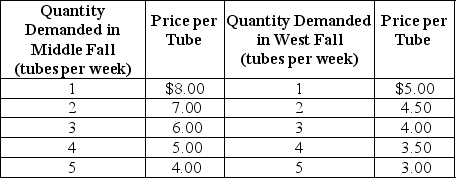 <strong>Table 16-2 Neem Products sells its Ayurvedic Neem toothpaste in two completely isolated markets with demand schedules as shown in Table 16-2. The average cost of production is constant at $2 per tube. Refer to Table 16-2.Which of the following statements is true about the two markets?</strong> A)The demand in Middle Fall is more price elastic than the demand in West Fall. B)The demand in Middle Fall is less price elastic than the demand in West Fall. C)The demand in Middle Fall is more income elastic than the demand in West Fall. D)The demand in Middle Fall is less income elastic than the demand in West Fall.