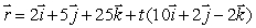 The line through the points (2, 5, 25)and (12, 7, 23)can be parameterized by . What value of t gives the point (42, 13, 17)?