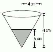 A coffee filter is in the shape of a cone, as shown below.Suppose that when it is filled with water to a height h cm, the rate at which coffee flows out the hole at the bottom is given by Volume of coffee which flows out per second = cm<sup>3</sup> / sec. Suppose the coffee filter starts full.Write an integral representing the total amount of time it takes for the coffee filter to empty, and then evaluate it to find the time needed for the filter to empty.Give your answer to the nearest second.