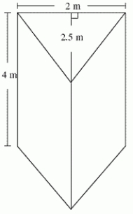 The density of a compressible liquid is 30(5 - h)kg/m<sup>3</sup> at a height of h meters above the bottom.The liquid is put in the container as shown below (resting on the triangular side).The cross sections of the container are isosceles triangles, it has straight sides, and it looks like a triangular prism.How many kg will it hold? Round to the nearest whole number.