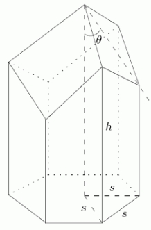 A single cell of a bee's honey comb has the shape shown.The surface area of this cell is given by A=6 h s+\frac{3}{2} s^{2}\left(\frac{-\cos \theta}{\sin \theta}+\frac{\sqrt{3}}{\sin \theta}\right) where h, s, \theta are as shown in the picture.Keeping h and s fixed, for what angle, \theta , is the surface area minimal? Round to the nearest one tenth of a degree.